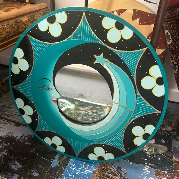 Vintage Sun & Moon Celestial Teal and Black Moon Mirror Wall Decor 15.5" - Picture 1 of 16